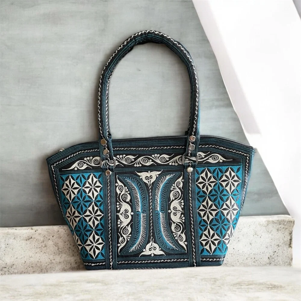 NWT Banda Bags Memetika Embroidered Tote Bag Blue Vegan Cotton Handcrafted Zip